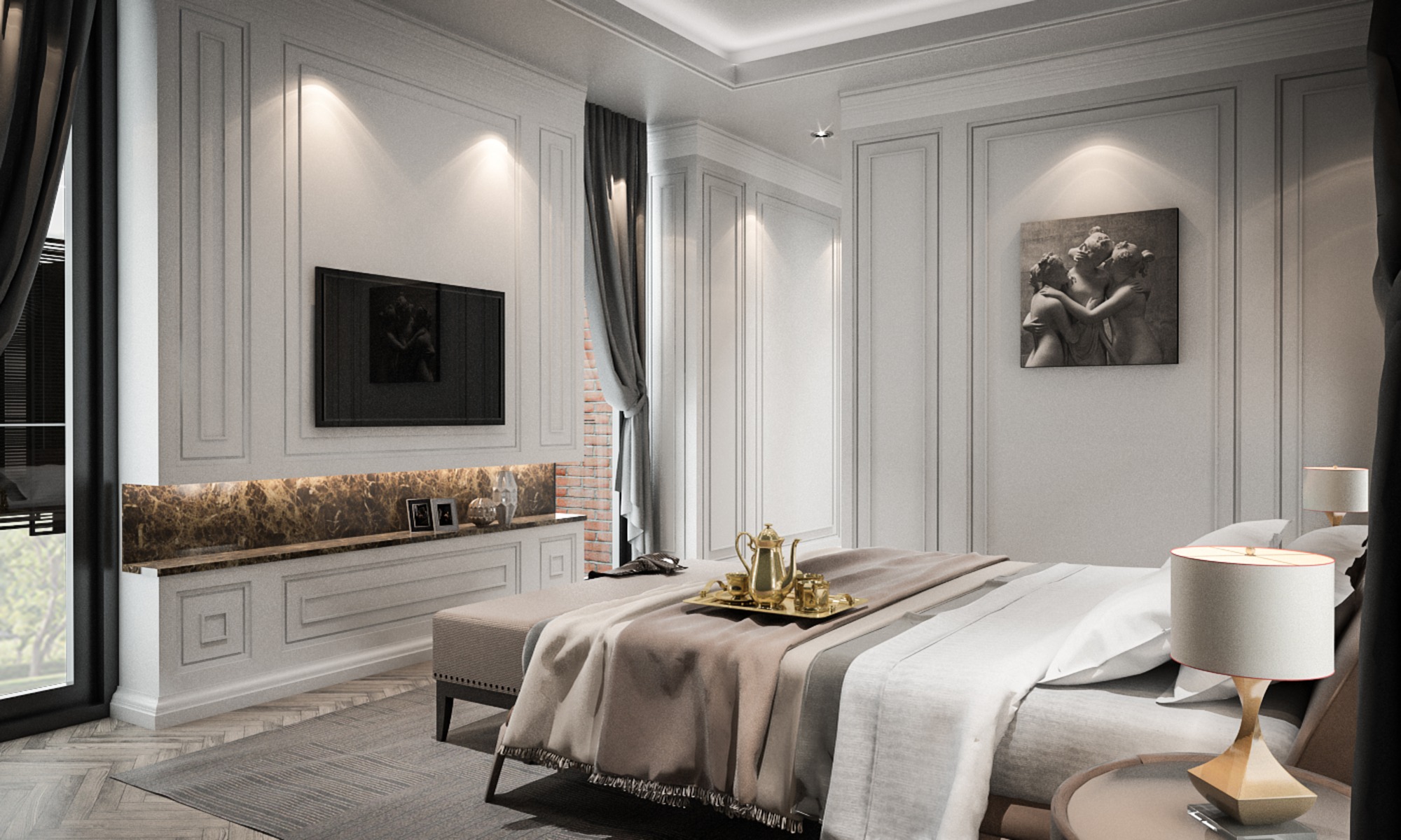 Interior Bedroom Studio Mock-Up, Modern Classic Style, 3D Rendering, 3D Illustration